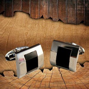 New - Polished Silver and Black Square Half Barrel Cufflinks